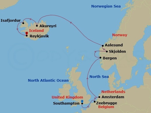 11 Night - Europe - Iceland - Norwegian Getaway - Starting in London (Southampton), United Kingdom, Zeebrugge / Brussels / Brugge, Belgium, Amsterdam, Netherlands, Bergen, Norway, Skjolden, Norway, Alesund, Norway, Akureyri, Iceland, Isafjordur, Iceland, Reykjavik, Iceland itinerary map