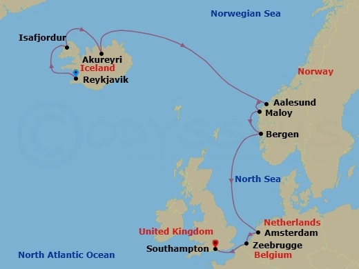 10 Night - Europe - Iceland - Norwegian Getaway - Starting in Reykjavik, Iceland, Isafjordur, Iceland, Akureyri, Iceland, Alesund, Norway, Maloy, Norway, Bergen, Norway, Amsterdam, Netherlands, Zeebrugge / Brussels / Brugge, Belgium, London (Southampton), United Kingdom itinerary map