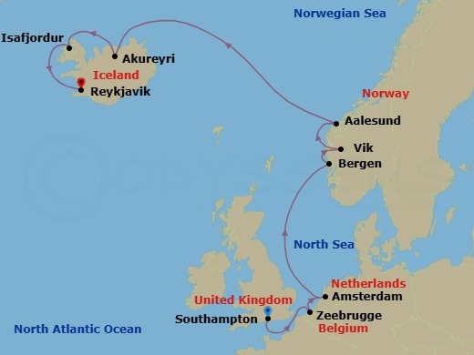 11 Night - Europe - Iceland - Norwegian Getaway - Starting in London (Southampton), United Kingdom, Zeebrugge / Brussels / Brugge, Belgium, Amsterdam, Netherlands, Bergen, Norway, Vik, Norway, Alesund, Norway, Akureyri, Iceland, Isafjordur, Iceland, Reykjavik, Iceland itinerary map