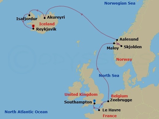 11 Night - Europe - Iceland - Norwegian Getaway - Starting in London (Southampton), United Kingdom, Le Havre / Paris, France, Zeebrugge / Brussels / Brugge, Belgium, Maloy, Norway, Skjolden, Norway, Alesund, Norway, Akureyri, Iceland, Isafjordur, Iceland, Reykjavik, Iceland itinerary map