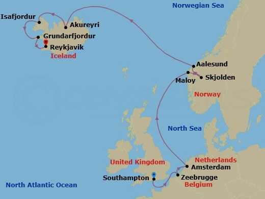 11 Night - Europe - Iceland - Norwegian Getaway - Starting in London (Southampton), United Kingdom, Zeebrugge / Brussels / Brugge, Belgium, Amsterdam, Netherlands, Maloy, Norway, Skjolden, Norway, Alesund, Norway, Akureyri, Iceland, Isafjordur, Iceland, Grundarfjordur, Iceland, Reykjavik, Iceland itinerary map