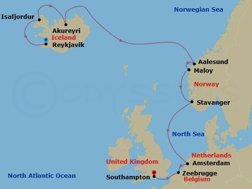 10 Night - Europe - Iceland - Norwegian Getaway - Starting in Reykjavik, Iceland, Isafjordur, Iceland, Akureyri, Iceland, Alesund, Norway, Maloy, Norway, Stavanger, Norway, Amsterdam, Netherlands, Zeebrugge / Brussels / Brugge, Belgium, London (Southampton), United Kingdom itinerary map