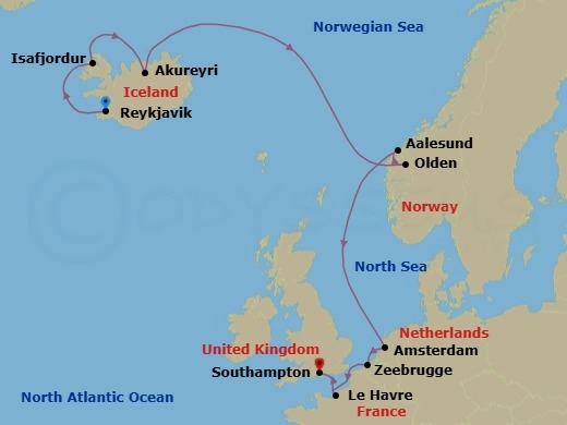 10 Night - Europe - Iceland - Norwegian Getaway - Starting in Reykjavik, Iceland, Isafjordur, Iceland, Akureyri, Iceland, Olden, Norway, Alesund, Norway, Amsterdam, Netherlands, Zeebrugge / Brussels / Brugge, Belgium, Le Havre / Paris, France, London (Southampton), United Kingdom itinerary map