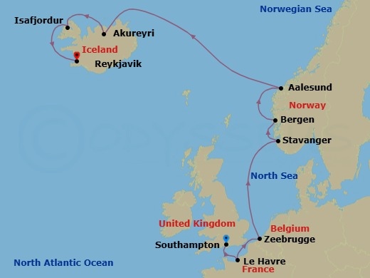 11 Night - Europe - Iceland - Norwegian Getaway - Starting in London (Southampton), United Kingdom, Le Havre / Paris, France, Zeebrugge / Brussels / Brugge, Belgium, Stavanger, Norway, Bergen, Norway, Alesund, Norway, Akureyri, Iceland, Isafjordur, Iceland, Reykjavik, Iceland itinerary map