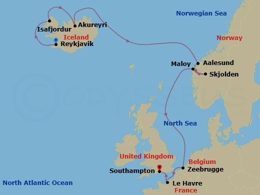 10 Night - Europe - Iceland - Norwegian Getaway - Starting in Reykjavik, Iceland, Isafjordur, Iceland, Akureyri, Iceland, Alesund, Norway, Skjolden, Norway, Maloy, Norway, Zeebrugge / Brussels / Brugge, Belgium, Le Havre / Paris, France, London (Southampton), United Kingdom itinerary map