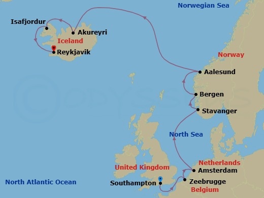11 Night - Europe - Iceland - Norwegian Getaway - Starting in London (Southampton), United Kingdom, Zeebrugge / Brussels / Brugge, Belgium, Amsterdam, Netherlands, Stavanger, Norway, Bergen, Norway, Alesund, Norway, Akureyri, Iceland, Isafjordur, Iceland, Reykjavik, Iceland itinerary map