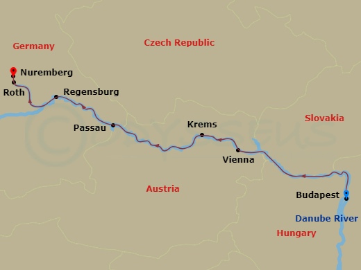 9 Night - The Blue Danube Discovery with in Budapest - Avalon Expression Tours - Starting in Budapest, Hungary, Budapest, Budapest (Embarkation), Vienna, Austria, Vienna, Krems / Wachau Valley, Passau, Germany, Regensburg, Roth Excursion to Nuremberg, Nuremberg (Disembarkation) itinerary map