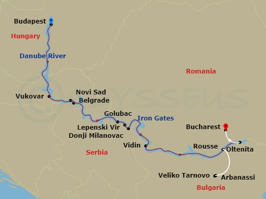 9 Night - Balkan Discovery with in Budapest & in Bucharest - Avalon Expression Tours - Starting in Budapest, Hungary, Budapest (Embarkation), Vukovar, Novi Sad, Serbia, Belgrade, Golubac / Donji Milanovac Excursion to Lepenski Vir / Iron Gates Gorge, Vidin, Bulgaria, Rousse / Veliko Tarnovo and Arbanassi Excursion, Oltenita, Romania (Disembarkation) Bucharest, Bucharest itinerary map