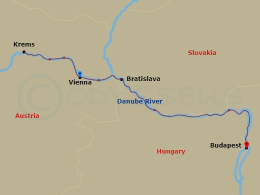 5 Night - Christmastime from Vienna to Budapest - Avalon Expression - Starting in Vienna, Austria (Embarkation), Vienna, Krems / Wachau Valley, Bratislava, Slovakia, Budapest, Hungary, Budapest (Disembarkation) itinerary map