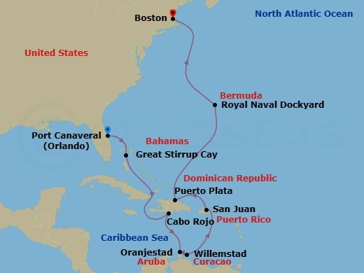 13 Night - Eastern Caribbean - Port Canaveral - Norwegian Breakaway - Starting in Orlando Beaches / Port Canaveral, Fl, Great Stirrup Cay, Bahamas, Cabo Rojo, Dominican Republic, Oranjestad, Aruba, Willemstad AN, Netherlands Antilles, San Juan, Pr, Puerto Plata, Dominican Republic, Royal Naval Dockyard, Bermuda, Boston, Ma itinerary map