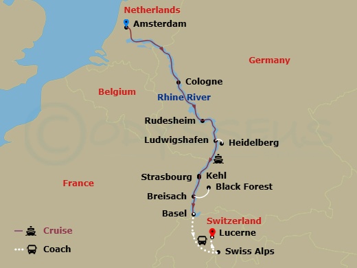 9 Night - Romantic Rhine with in Lucerne (Southbound) - Avalon Vista Tours - Starting in Amsterdam, the Netherlands (Embarkation), Amsterdam, Cologne, Germany, Rhine Gorge / Rudesheim, Ludwigshafen Excursion to Heidelberg, Kehl Excursion to Strasbourg, France, Breisach, Germany Excursion to Black Forest, Basel, Switzerland (Disembarkation) Swiss Alps, Lucerne itinerary map