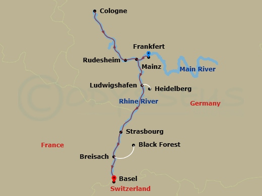 7 Night - Christmastime On the Romantic Rhine (Southbound) - Avalon Vista - Starting in Frankfurt, Germany (Embarkation), Mainz, Cologne, Germany, Rhine Gorge / Rudesheim, Ludwigshafen Excursion to Heidelberg, Strasbourg, France, Breisach, Germany Excursion to Black Forest, Basel, Switzerland (Disembarkation) itinerary map