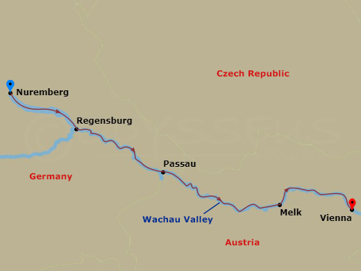 6 Night - Christmastime On the Danube (Eastbound) - Avalon Vista - Starting in Nuremberg, Germany (Embarkation), Nuremberg, Regensburg, Passau, Melk, Austria, Vienna, Vienna (Disembarkation) itinerary map