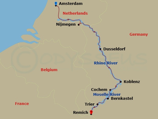 7 Night - The Rhine & Moselle : Canals, Vineyards & Castles - Avalon Visionary - Starting in Amsterdam, the Netherlands (Embarkation), Nijmegen, Dusseldorf, Koblenz, Cochem, Bernkastel, Trier, Remich (Disembarkation) itinerary map