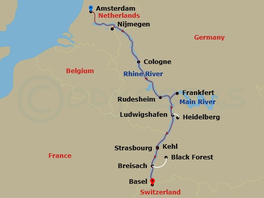 9 Night - Reflections On the Rhine (Southbound) - Avalon Visionary - Starting in Amsterdam, the Netherlands (Embarkation), Amsterdam, Nijmegen, Cologne, Germany, Rhine Gorge / Rudesheim, Frankfurt, Ludwigshafen Excursion to Heidelberg, Strasbourg, France, Breisach, Germany Excursion to Black Forest, Basel, Switzerland (Disembarkation) itinerary map
