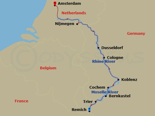 7 Night - The Rhine & Moselle : Canals, Vineyards and Castles - Avalon Visionary - Starting in Remich, Luxembourg (Embarkation), Remich / Trier, Bernkastel, Germany, Cochem, Koblenz / Cologne, Dusseldorf, Nijmegen, The Netherlands, Amsterdam (Disembarkation) itinerary map