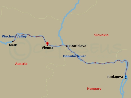 5 Night - Christmastime from Budapest to Vienna - Avalon Visionary - Starting in Budapest, Hungary (Embarkation), Budapest, Bratislava, Slovakia, Melk, Austria, Vienna, Vienna (Disembarkation) itinerary map