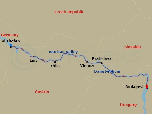 5 Night - Danube Symphony (Eastbound) - Avalon Visionary - Starting in Vilshofen, Germany (Embarkation), Linz, Austria, Ybbs / Wachau Valley, Vienna, Bratislava, Slovakia, Budapest, Hungary (Disembarkation) itinerary map