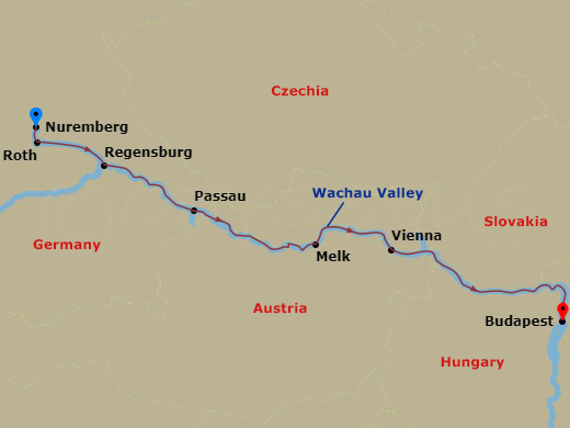 7 Night - The Legendary Danube - Avalon Visionary - Starting in Nuremberg, Germany (Embarkation), Nuremberg, Regensburg, Passau, Melk / Wachau Valley, Vienna, Budapest, Hungary, Budapest (Disembarkation) itinerary map