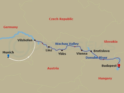 8 Night - Danube Symphony with in Munich & in Budapest (Eastbound) - Avalon Visionary Tours - Starting in Munich, Germany, Munich, Munich / Vilshofen (Embarkation), Linz, Austria, Ybbs / Wachau Valley, Vienna, Bratislava, Slovakia, Budapest, Hungary (Disembarkation), Budapest itinerary map