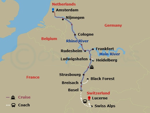 11 Night - Reflections On the Rhine with in Lucerne (Southbound) - Avalon Visionary Tours - Starting in Amsterdam, the Netherlands (Embarkation), Amsterdam, Nijmegen, Cologne, Germany, Rhine Gorge / Rudesheim, Frankfurt, Ludwigshafen Excursion to Heidelberg, Strasbourg, France, Breisach, Germany Excursion to Black Forest, Basel, Switzerland (Disembarkation) Swiss Alps, Lucerne itinerary map