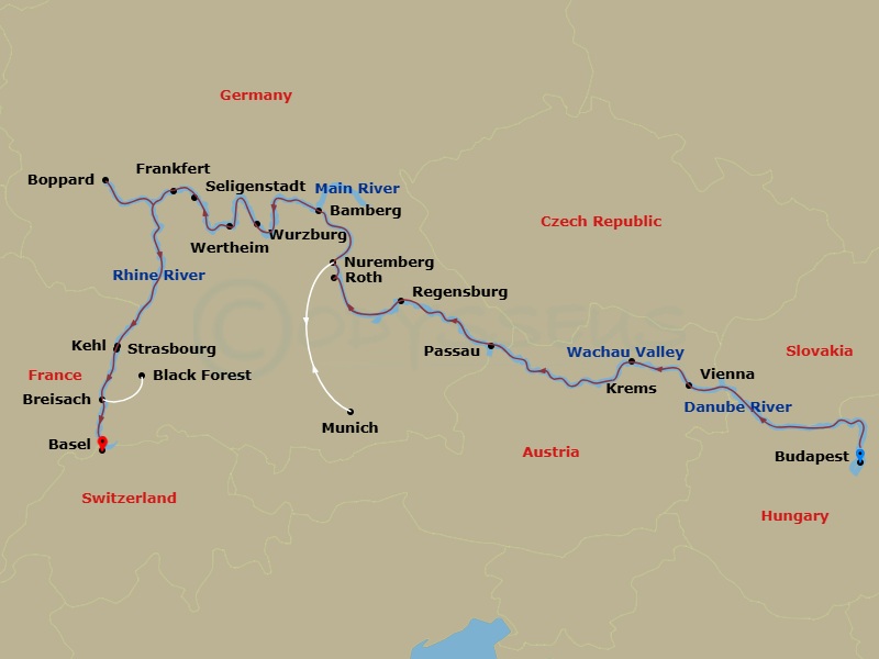 17 Night - Enchanted Europe with in Budapest (Westbound) - Avalon Visionary Tours - Starting in Budapest, Hungary, Budapest, Budapest (Embarkation), Vienna, Austria, Vienna, Krems / Wachau Valley, Passau, Germany, Regensburg, Roth Excursion to Nuremberg, Nuremberg-excursion to Munich, Bamberg, Wurzburg, Wertheim, Frankfurt Excursion to Seligenstadt, Boppard, Kehl Excursion to Strasbourg, France, Breisach, Germany Excursion to Black Forest, Basel, Switzerland (Disembarkation) itinerary map