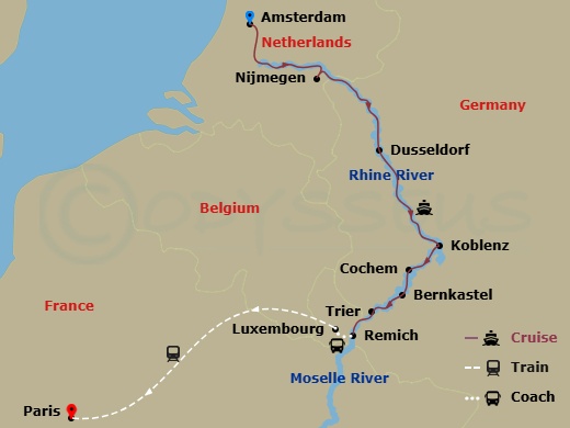 9 Night - The Rhine & Moselle : Canals, Vineyards & Castles with in Paris - Avalon Visionary Tours - Starting in Amsterdam, the Netherlands (Embarkation), Nijmegen, Dusseldorf, Koblenz, Cochem, Bernkastel, Trier, Remich Excursion to Luxembourg City (Disembarkation) Paris, France, Paris itinerary map