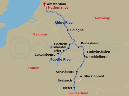 10 Night - The Rhine & Moselle (Northbound) - Avalon Imagery II - Starting in Basel, Switzerland (Embarkation), Breisach, Germany Excursion to Black Forest, Strasbourg, France, Ludwigshafen, Germany Excursion to Heidelberg, Rudesheim / Rhine Gorge, Bernkastel, Trier Excursion to Luxembourg, Cochem, Cologne, Amsterdam, the Netherlands, Amsterdam (Disembarkation) itinerary map