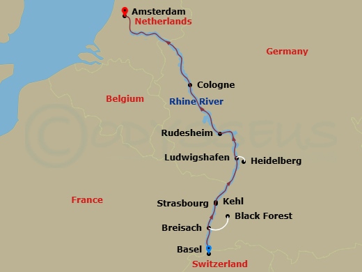 7 Night - Romantic Rhine (Northbound) - Avalon Imagery II - Starting in Basel, Switzerland (Embarkation), Breisach, Germany Excursion to Black Forest, Kehl Excursion to Strasbourg, France, Ludwigshafen, Germany Excursion to Heidelberg, Rudesheim / Rhine Gorge, Cologne, Amsterdam, the Netherlands, Amsterdam (Disembarkation) itinerary map