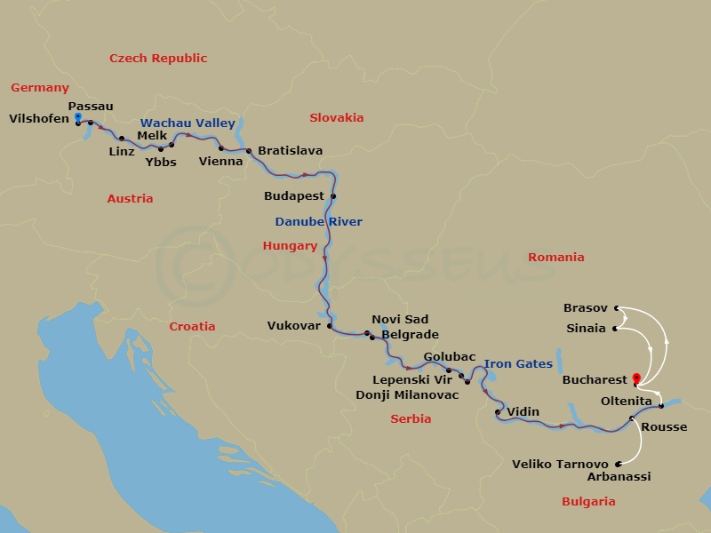 17 Night - The Danube from Germany to Romania with in Bucharest and in Transylvania - Avalon Imagery II Tours - Starting in Vilshofen, Germany (Embarkation), Passau / Schlogen Oxbow, Linz, Austria, Ybbs Excursion to Melk / Wachau Valley, Vienna, Bratislava, Slovakia, Budapest, Hungary, Budapest (Disembarkation / Embarkation), Vukovar, Novi Sad, Serbia, Belgrade, Golubac / Donji Milanovac Excursion to Lepenski Vir / Iron Gates Gorge, Vidin, Bulgaria, Rousse / Veliko Tarnovo and Arbanassi Excursion, Oltenita, Romania (Disembarkation) Bucharest, Brasov, Brasov / Sinaia / Bucharest, Bucharest itinerary map