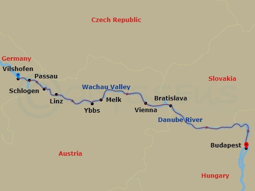 7 Night - Danube Dreams (Eastbound) - Avalon Imagery II - Starting in Vilshofen, Germany (Embarkation), Passau / Schlogen Oxbow, Linz, Austria, Ybbs Excursion to Melk / Wachau Valley, Vienna, Bratislava, Slovakia, Budapest, Hungary, Budapest (Disembarkation) itinerary map