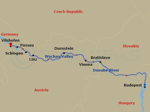 7 Night - Danube Dreams (Westbound) - Avalon Imagery II - Starting in Budapest, Hungary (Embarkation), Budapest, Bratislava, Slovakia, Vienna, Durnstein / Wachau Valley, Linz, Schlogen Oxbow / Passau, Germany, Vilshofen (Disembarkation) itinerary map