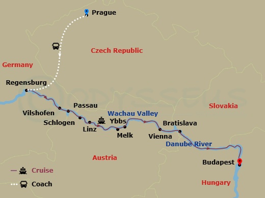 9 Night - Danube Dreams with in Prague (Eastbound) - Avalon Imagery II Tours - Starting in Prague, Czech Republic, Prague, Regensburg, Germany / Vilshofen (Embarkation), Passau / Schlogen Oxbow, Linz, Austria, Ybbs Excursion to Melk / Wachau Valley, Vienna, Bratislava, Slovakia, Budapest, Hungary, Budapest (Disembarkation) itinerary map
