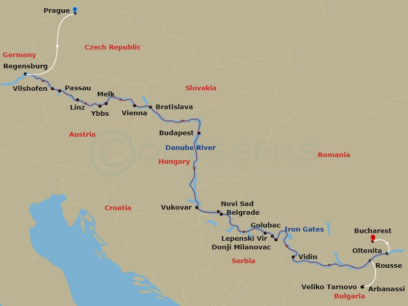 17 Night - The Danube from Germany to Romania with in Prague and in Bucharest - Avalon Imagery II Tours - Starting in Prague, Czech Republic, Prague, Regensburg, Germany / Vilshofen (Embarkation), Passau / Schlogen Oxbow, Linz, Austria, Ybbs Excursion to Melk / Wachau Valley, Vienna, Bratislava, Slovakia, Budapest, Hungary, Budapest (Disembarkation / Embarkation), Vukovar, Novi Sad, Serbia, Belgrade, Golubac / Donji Milanovac Excursion to Lepenski Vir / Iron Gates Gorge, Vidin, Bulgaria, Rousse / Veliko Tarnovo and Arbanassi Excursion, Oltenita, Romania (Disembarkation) Bucharest, Bucharest itinerary map