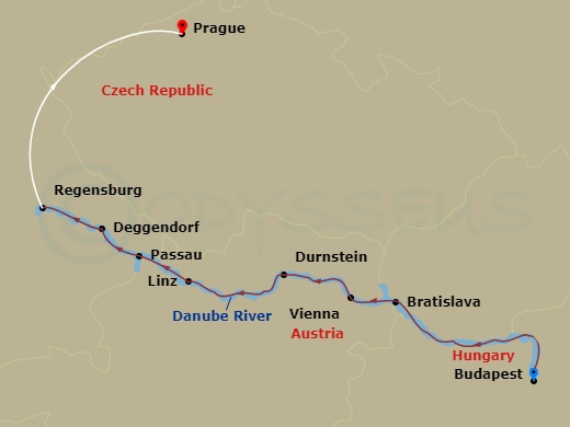 9 Night - Danube Dreams with in Prague (Westbound) - Avalon Imagery II Tours - Starting in Budapest, Hungary (Embarkation), Budapest, Bratislava, Slovakia, Vienna, Durnstein / Wachau Valley, Linz, Schlogen Oxbow / Passau, Germany, Vilshofen (Disembarkation) Regensburg / Prague, Czech Republic, Prague itinerary map