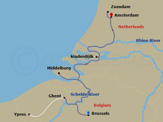 7 Night - Treasures of Belgium & Holland - Avalon Imagery II - Starting in Brussels, Belgium (Embarkation), Ghent, Ghent Excursion to Flanders Field Museum, Middelburg, The Netherlands, Kinderdijk, Haarlem, Amsterdam, Amsterdam (Disembarkation) itinerary map