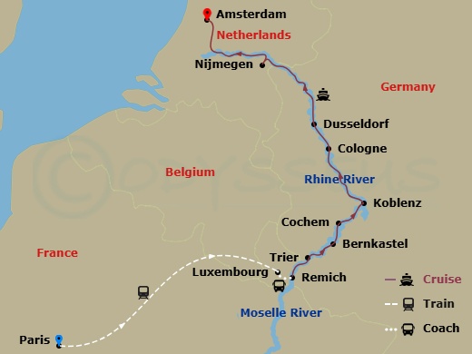 9 Night - The Rhine & Moselle : Canals, Vineyards and Castles with in Paris - Avalon Imagery II Tours - Starting in Paris, France, Paris, Paris / Remich, Luxembourg (Embarkation), Remich / Trier, Bernkastel, Germany, Cochem, Koblenz / Cologne, Dusseldorf, Nijmegen, The Netherlands, Amsterdam (Disembarkation) itinerary map