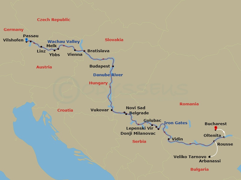 15 Night - The Danube from Germany to Romania with in Bucharest - Avalon Imagery II Tours - Starting in Vilshofen, Germany (Embarkation), Passau / Schlogen Oxbow, Linz, Austria, Ybbs Excursion to Melk / Wachau Valley, Vienna, Bratislava, Slovakia, Budapest, Hungary, Budapest (Disembarkation / Embarkation), Vukovar, Novi Sad, Serbia, Belgrade, Golubac / Donji Milanovac Excursion to Lepenski Vir / Iron Gates Gorge, Vidin, Bulgaria, Rousse / Veliko Tarnovo and Arbanassi Excursion, Oltenita, Romania (Disembarkation) Bucharest, Bucharest itinerary map