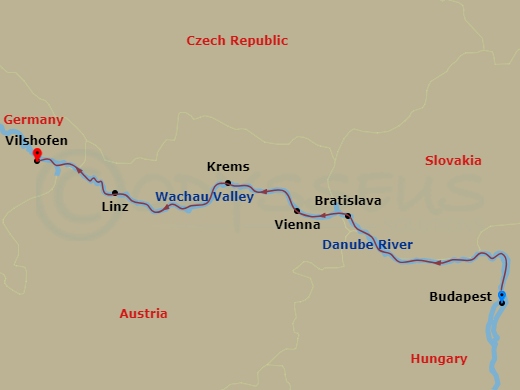 6 Night - Danube Symphony with in Budapest (Westbound) - Avalon Imagery II Tours - Starting in Budapest, Hungary, Budapest (Embarkation), Bratislava, Slovakia, Vienna, Austria, Krems / Wachau Valley, Linz, Vilshofen, Germany (Disembarkation) itinerary map