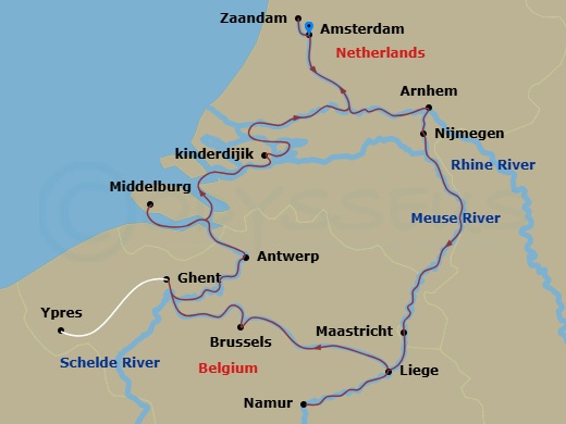 14 Night - Grand Holland & Belgium Cruise - Avalon Imagery II - Starting in Amsterdam, the Netherlands (Embarkation), Nijmegen Excursion to Arnhem, Maastricht, Namur, Belgium, Liege, Antwerp, Brussels, Ghent, Ghent Excursion to Flanders Field Museum, Middelburg, The Netherlands, Kinderdijk, Haarlem, Amsterdam, Amsterdam (Disembarkation) itinerary map