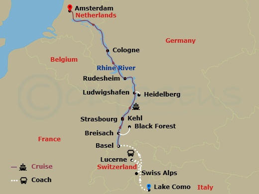 11 Night - Romantic Rhine with Swiss Alps, in Lake Como & in Lucerne (Northbound) - Avalon Panorama Tours - Starting in Lake Como, Italy, Lake Como, Lake Como / Lucerne, Switzerland, Lucerne / Swiss Alps / Basel (Embarkation), Breisach, Germany Excursion to Black Forest, Kehl Excursion to Strasbourg, France, Ludwigshafen, Germany Excursion to Heidelberg, Rudesheim / Rhine Gorge, Cologne, Amsterdam, the Netherlands, Amsterdam (Disembarkation) itinerary map