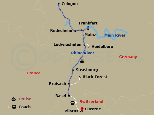 9 Night - Christmastime On the Romantic Rhine with in Lucerne (Southbound) - Avalon Panorama Tours - Starting in Frankfurt, Germany (Embarkation), Mainz, Cologne, Germany, Rhine Gorge / Rudesheim, Ludwigshafen Excursion to Heidelberg, Strasbourg, France, Breisach, Germany Excursion to Black Forest, Basel, Switzerland (Disembarkation) Mount Pilatus, Lucerne itinerary map