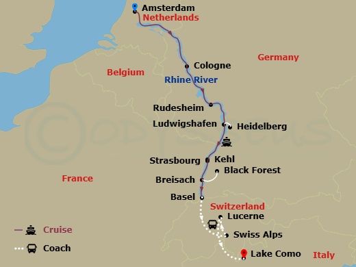 11 Night - Romantic Rhine with Swiss Alps, in Lucerne & in Lake Como (Southbound) - Avalon Panorama Tours - Starting in Amsterdam, the Netherlands (Embarkation), Amsterdam, Cologne, Germany, Rhine Gorge / Rudesheim, Ludwigshafen Excursion to Heidelberg, Kehl Excursion to Strasbourg, France, Breisach, Germany Excursion to Black Forest, Basel, Switzerland (Disembarkation) Swiss Alps, Lucerne / Lake Como, Italy, Lake Como itinerary map