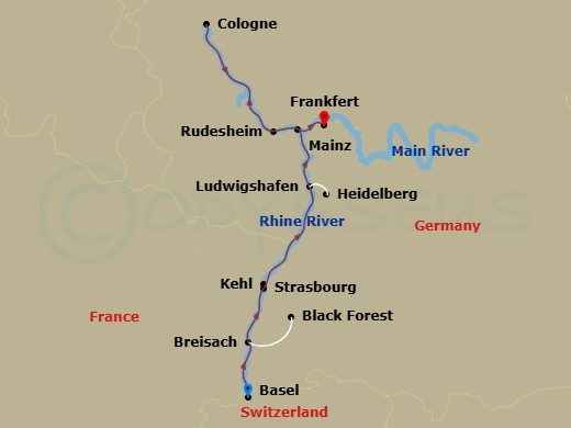 7 Night - Christmastime On the Romantic Rhine (Northbound) - Avalon Panorama - Starting in Basel, Switzerland (Embarkation), Breisach, Germany Excursion to Black Forest, Kehl Excursion to Strasbourg, France, Ludwigshafen / Heidelberg Excursion, Rudesheim / Rhine Gorge, Cologne, Germany, Mainz, Frankfurt (Disembarkation) itinerary map