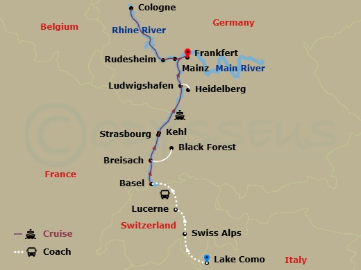 11 Night - Christmastime On the Romantic Rhine with in Lake Como, in Lucerne with Swiss Alps (Northbound) - Avalon Panorama Tours - Starting in Lake Como, Italy, Lake Como, Lake Como / Lucerne, Switzerland, Lucerne / Swiss Alps / Basel (Embarkation), Breisach, Germany Excursion to Black Forest, Kehl Excursion to Strasbourg, France, Ludwigshafen / Heidelberg Excursion, Rudesheim / Rhine Gorge, Cologne, Germany, Mainz, Frankfurt (Disembarkation) itinerary map