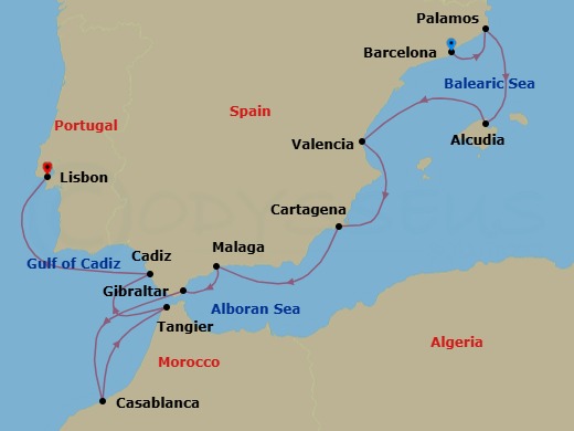 12 Night - Barcelona to Lisbon - Silver Spirit - Starting in Barcelona, Palamos, Alcudia, Mallorca, Valencia, Cartagena ES, Spain, Malaga (Costa del Sol), Gibraltar, Casablanca, Tangier, Cadiz, Lisbon itinerary map