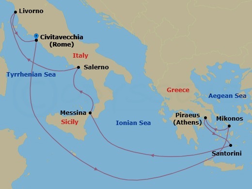 9 Night - Greek Isles & Italy - Norwegian Epic - Starting in Civitavecchia Rome, Italy, Mykonos, Greece, Piraeus / Athens, Greece, Santorini Island, Greece, Messina, Italy, Amalfi Coast (Salerno), Italy, Livorno / Florence / Pisa, Italy, Civitavecchia Rome, Italy itinerary map
