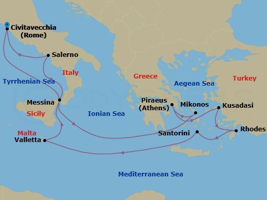 12 Night - Greek Isles & Italy - Norwegian Epic - Starting in Civitavecchia Rome, Italy, Mykonos, Greece, Piraeus / Athens, Greece, Kusadasi, Turkey, Rhodes, Greece, Santorini Island, Greece, Valletta, Malta, Messina, Italy, Amalfi Coast (Salerno), Italy, Civitavecchia Rome, Italy itinerary map