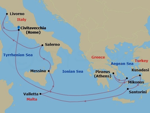 11 Night - Greek Isles & Italy - Norwegian Epic - Starting in Civitavecchia Rome, Italy, Mykonos, Greece, Piraeus / Athens, Greece, Kusadasi, Turkey, Santorini Island, Greece, Valletta, Malta, Messina, Italy, Amalfi Coast (Salerno), Italy, Livorno / Florence / Pisa, Italy, Civitavecchia Rome, Italy itinerary map