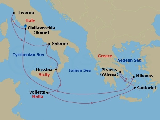 10 Night - Greek Isles & Italy - Norwegian Epic - Starting in Civitavecchia Rome, Italy, Mykonos, Greece, Piraeus / Athens, Greece, Santorini Island, Greece, Valletta, Malta, Messina, Italy, Amalfi Coast (Salerno), Italy, Livorno / Florence / Pisa, Italy, Civitavecchia Rome, Italy itinerary map